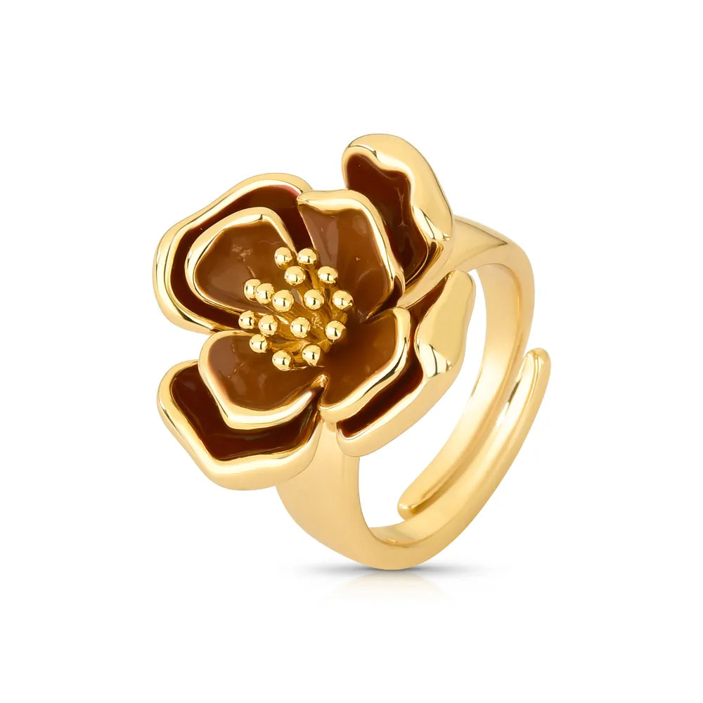 Anel Dourado Statement Esmalte Marrom Blossom