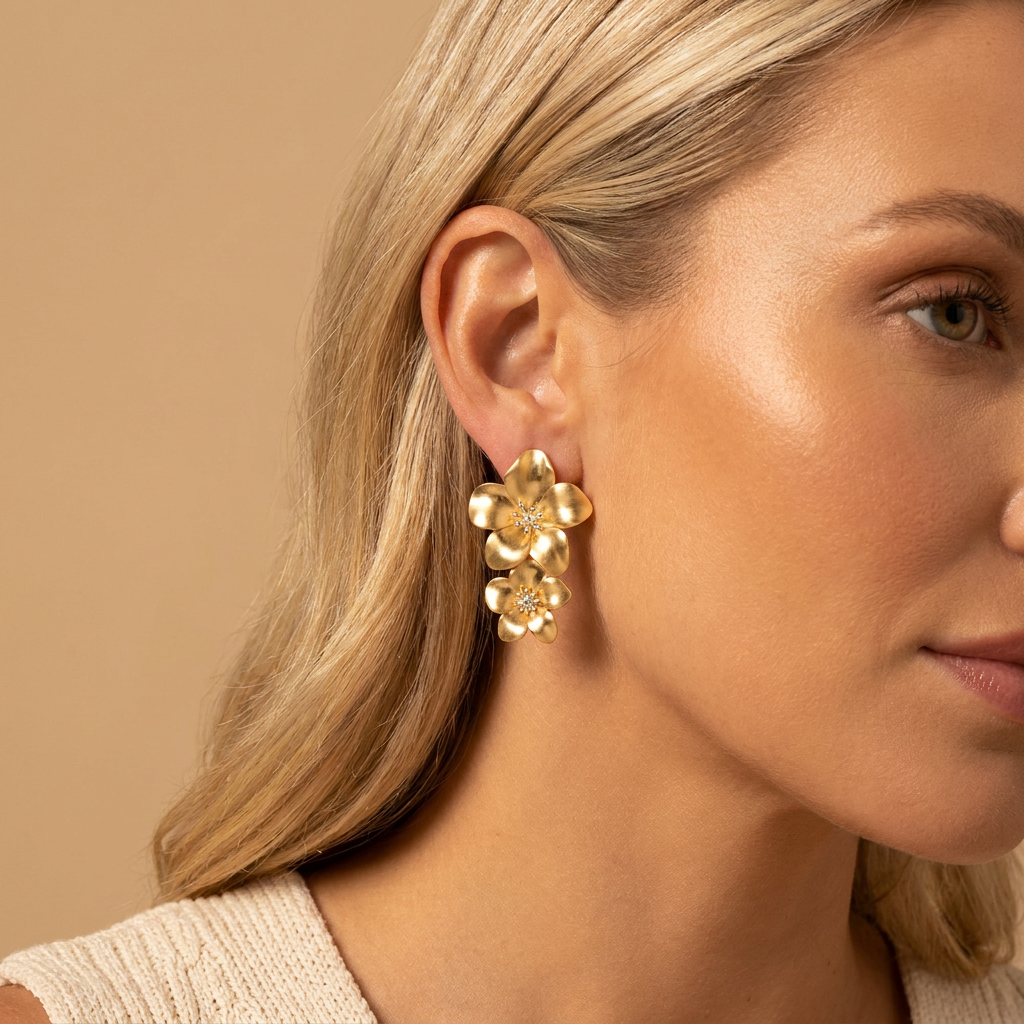 Brinco Floral Dourado Longo Blossom Duo